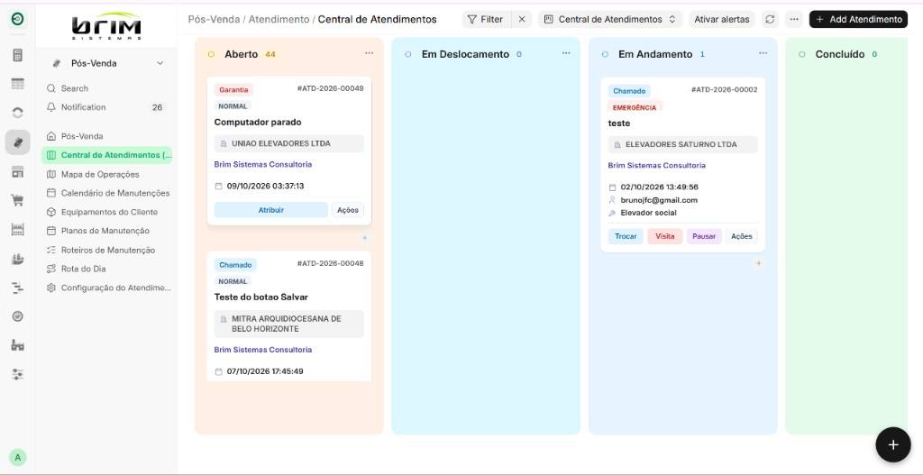 Kanban da Central de Atendimentos, com as colunas Aberto, Em Deslocamento, Em Andamento e Concluído.