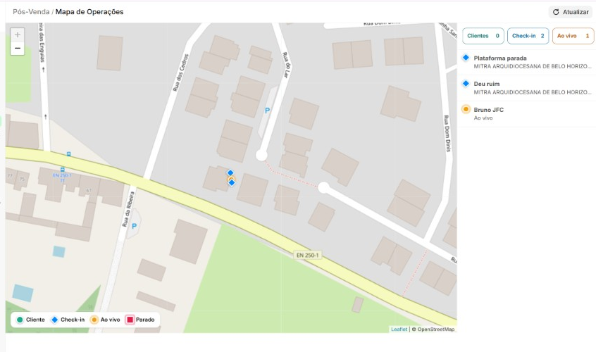Mapa de operações com clientes, check-in e técnico ao vivo.